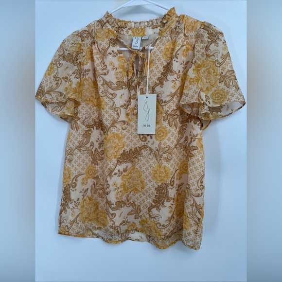Joie Women’s XS Flutter Sleeve Tie Ruffle Neck Floral Blouse Top NWT - Picture 1 of 5